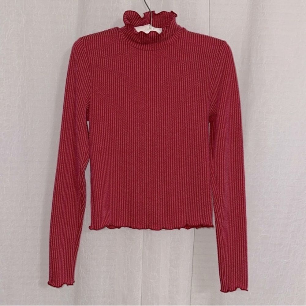 Moa Moa S Cranberry Red Ribbed Mock neck Long Sleeve Top